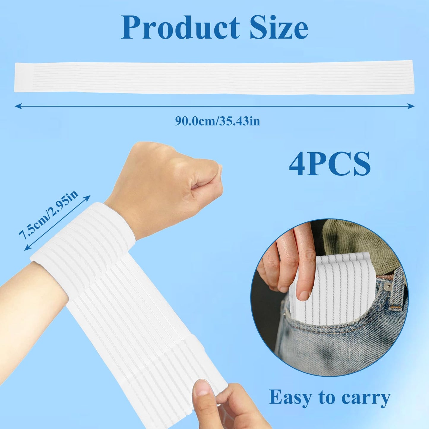 4-Pack Ice Pack Straps, Reusable & Stretchable – 35.5"x3" Adjustable Elastic Wrap with Hook and Loop Closure, Secure Ice Pack Holder for Cold Therapy(White)