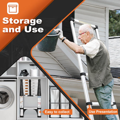Soctone Telescoping Ladder, 12.5 FT Aluminum Button Retraction Extension Ladder with 2 Triangle Stabilizers, Multi-Purpose Ladder with Slow Down Design, 330lbs Max Capacity for House Daily Life