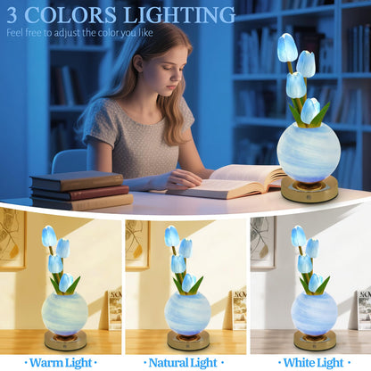 Strackvial Tulip Table Lamp, Rechargeable Cordless Touch Dimming Artificial Tulip Flower Desk Lamp, LED Flower Bedside Night Light Romantic Gifts for Girl Women Mom (Blue)