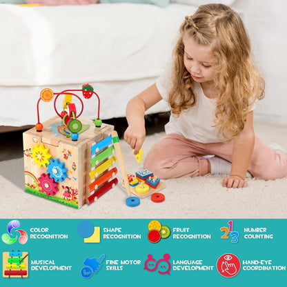 HELLOWOOD Wooden Activity Cube Baby Toys, 8-in-1 Montessori Educational Toy Set, Bead Maze Shape Sorter Abacus Xylophone Words & Clock Learning, STEM Toys for Boys Girls Toys for 1 2 3 years old