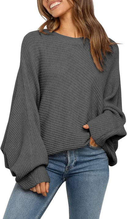 Mafulus Women's Oversized Crewneck Sweater Batwing Puff Long Sleeve Cable Slouchy Pullover Jumper Tops