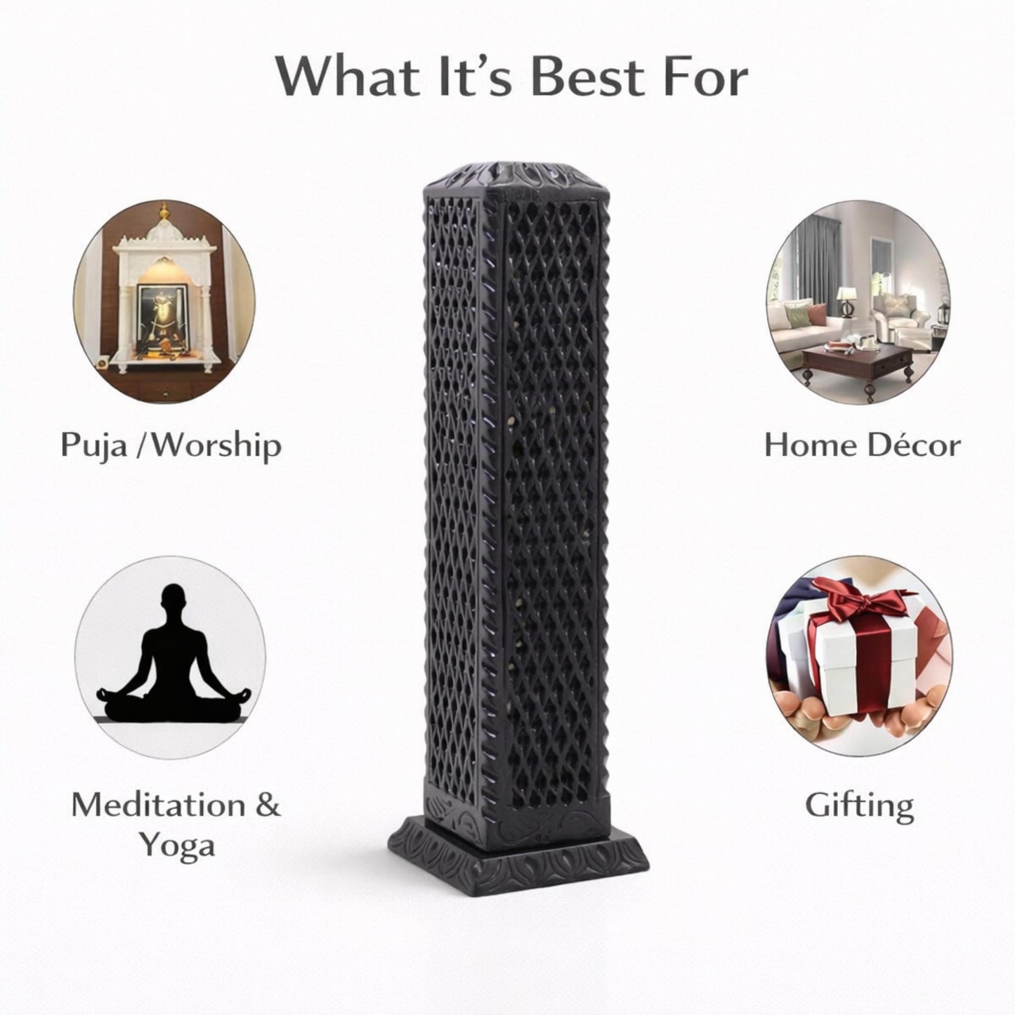 KC KULLICRAFT Handmade Marble Black Soapstone Incense Stick Burner | Candle Stick Holder | Tea Light Burner - Perfect Jaali Carving for Gifting. Decorative Home and Kitchen Decor (3 x 3 x 11 Inches).