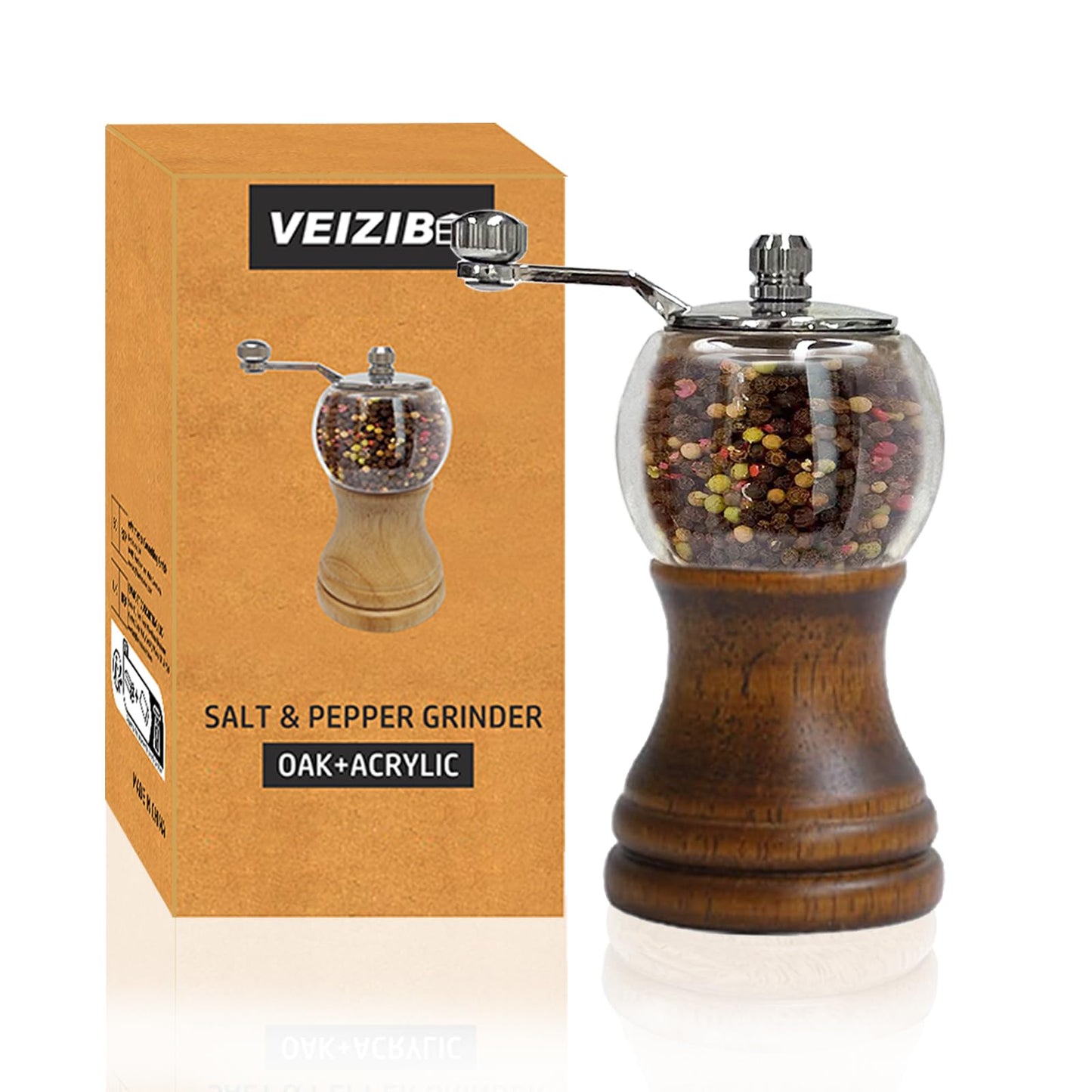VEIZIBEE Pepper Mill Set Manual Pepper Mills Classical Hand Shake Wooden Pepper Grinder Set Salt Mills Wooden Pepper Mill Ceramic Blades Metal Handle, Enjoy Fresh Ground Pepper (Walnut color 1pcs-5in)