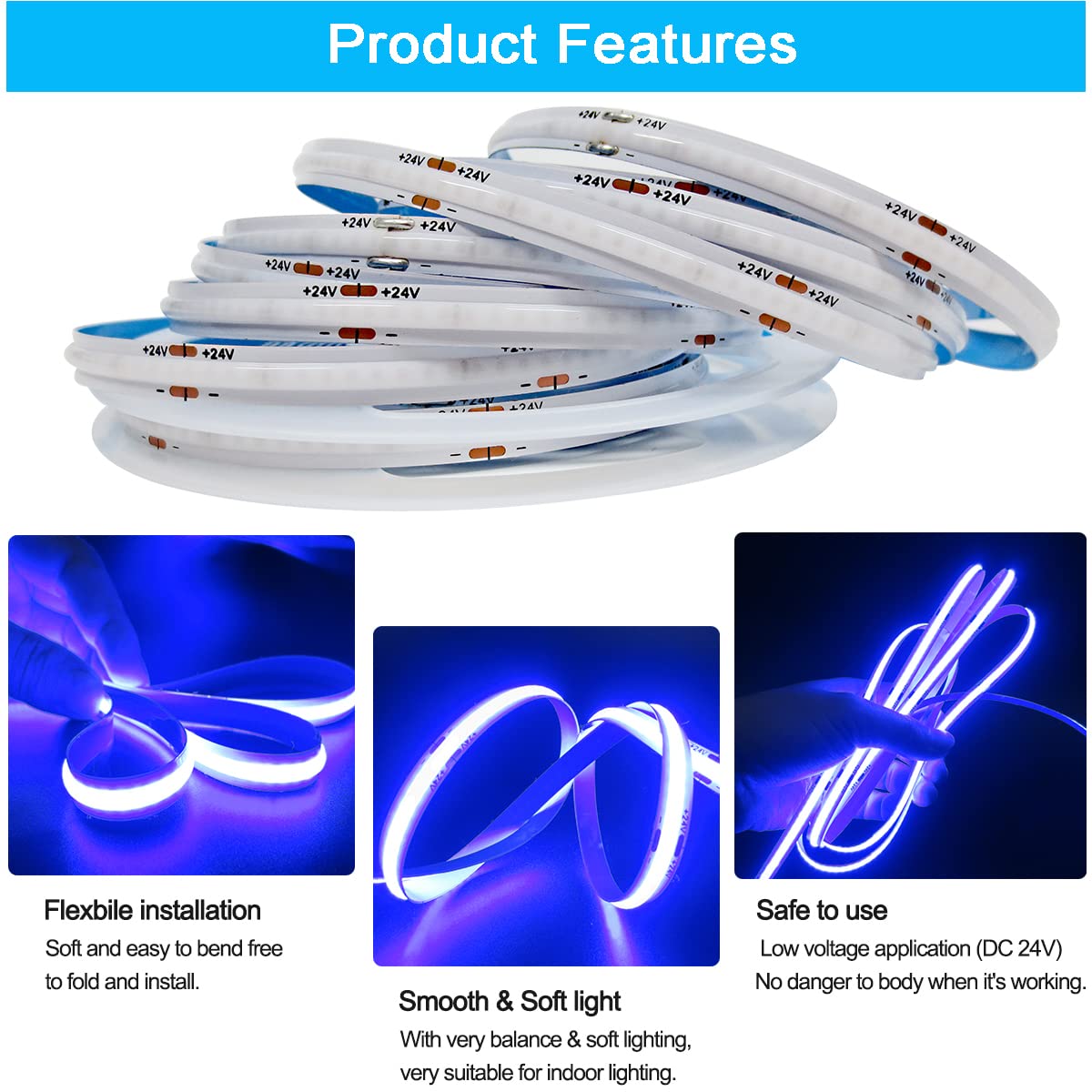 Tesfish LED Strip Lights 24V, Band COB Blue 16.4ft 320 LEDs/M Total 1600 LEDs Flexible Neon Light Strips for Party, Counter, Shelf, Home Decor