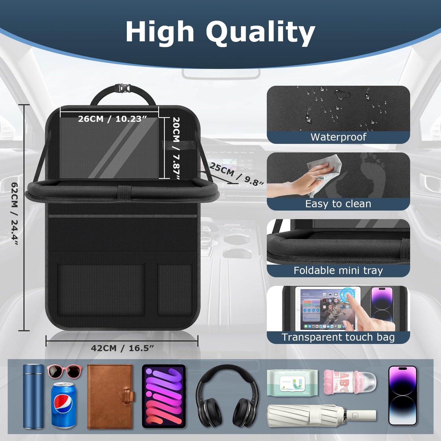 Oneyus Car Seat Organiser, Car Organiser Large Car Organiser Back Seat for Kids Multifunctional Waterproof Car Back Seat Organiser with Folding Table, Tablet Pockets and Many Pockets