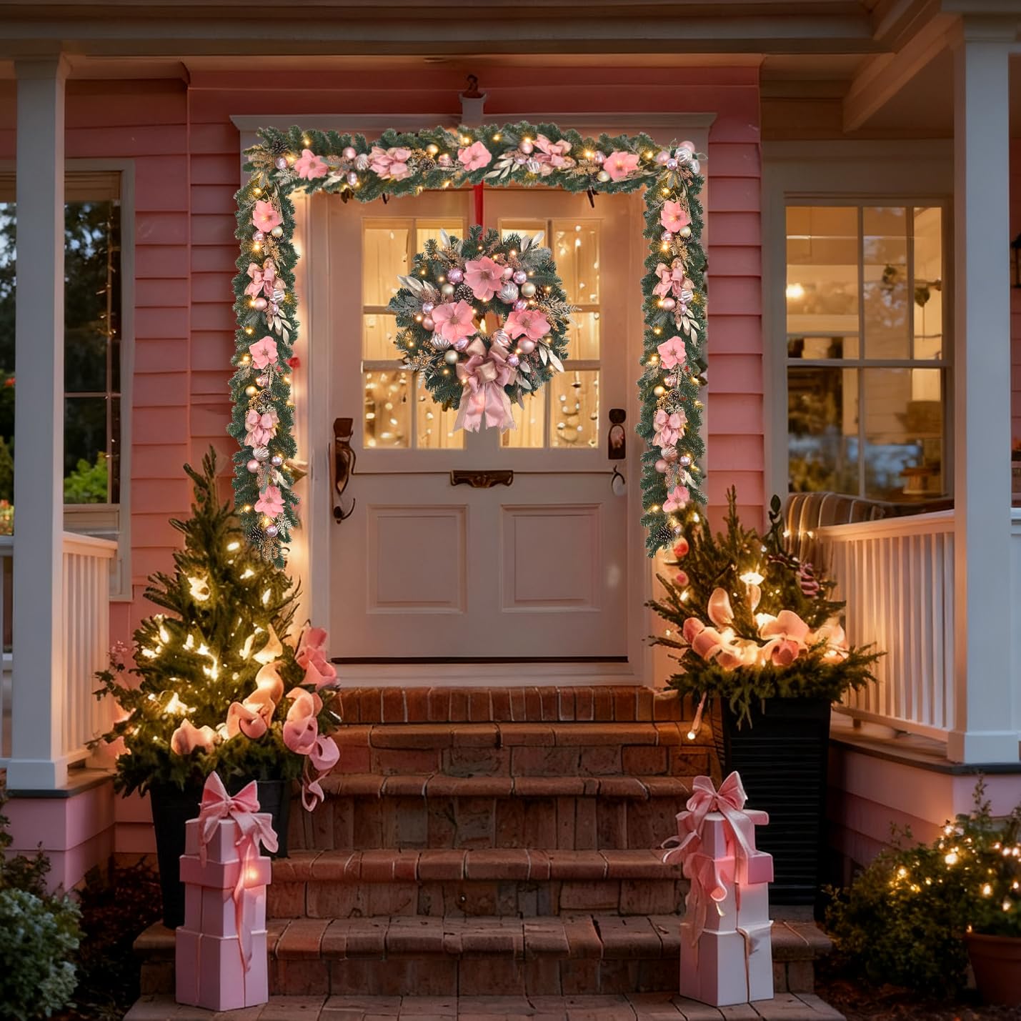 6ft Pink Gold Christmas Garland with Lights,20 LED with Timer, Lighted Door,Fireplace, Mantel and Stairs Winter Decor,Entryway Porch Decoration,prelit Elegant Magnolia Garland for Front Door