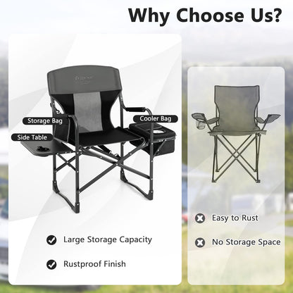 COSTWAY 2-Pack Folding Camping Chair, Heavy-Duty Director Chair Supports 400lbs for Adults with Side Table, Cooler Bag, Storage, Strap, Portable Makeup Chair Set of 2 for Fishing Picnic, Black