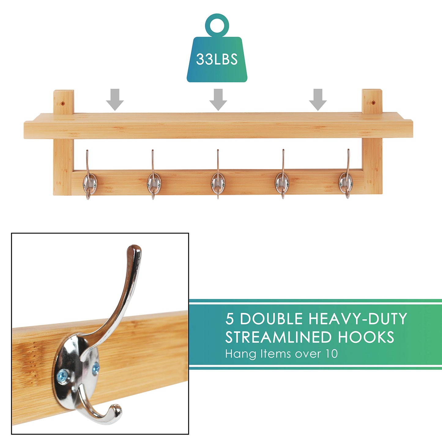 SMIBUY Coat Hooks with Shelf Wall-Mounted, 74 cm Entryway Coat Rack for Wall, Bamboo Hanging Shelf with 5 Double Metal Hooks for Bathroom, Bedroom, Kitchen, Living Room, Mudroom (Natural)