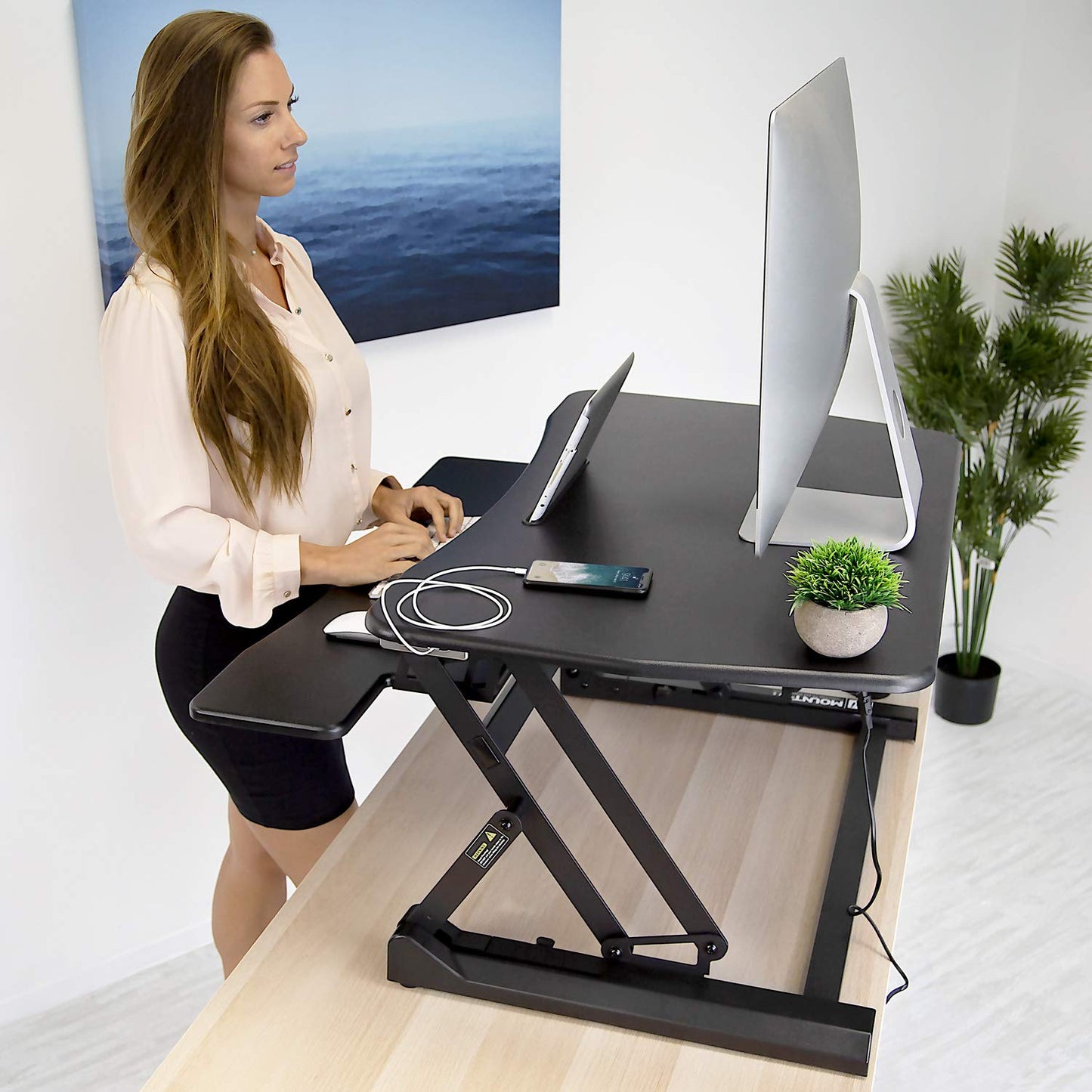 Mount-It! Electric Standing Desk Converter 35.4" Quick Sit Stand Desk Riser, Computer Workstation Motorized Easy Convertor with Built-in USB Charging Port, Ergonomic Height Adjustable in Black