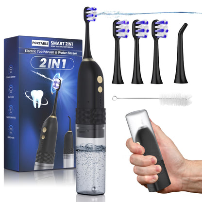 Portable Water flosser with Electric Toothbrush, 2 in 1 Teeth Cleaning Kit, Electric Toothbrush and flosser Combo, Water Flosser for Travel and Home (Black)