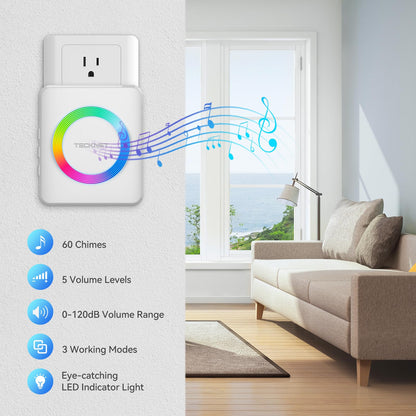 TECKNET Wireless Doorbell, Door Bell 0-120dB, 1300 ft Wireless Range, IP65 Waterproof Classroom Doorbells, 60 Chimes & 5 Volume Levels, RGB Light for Home Kid Room Office Hearing Impaired