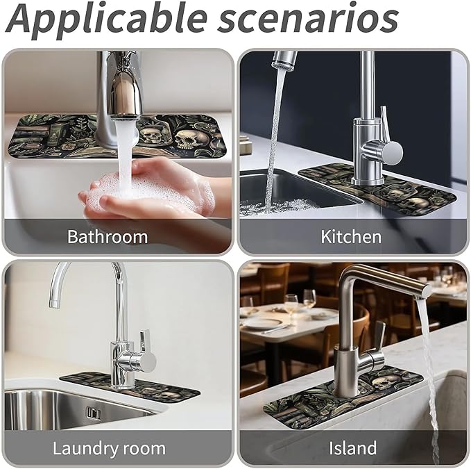 Kitchen Sink Splash Guard，Books and skulls Faucet Mat Sink Gadgets-Super