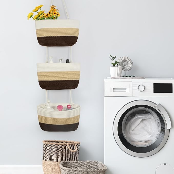 TeoKJ Over the Door Hanging Baskets, 3-Tier Woven Cotton Storage Organizer Bag