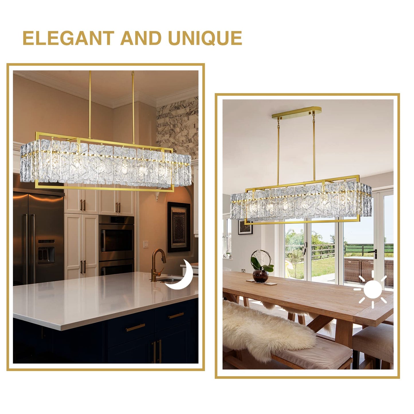 IKK Modern Rectangle Gold Crystal Chandeliers for Dining Room, 42" Large Rectangular Water Ripple Glass Island Light Fixture, Elegant Linear Lighting for Kitchen Island, Living Room, L42 x W11 x H12