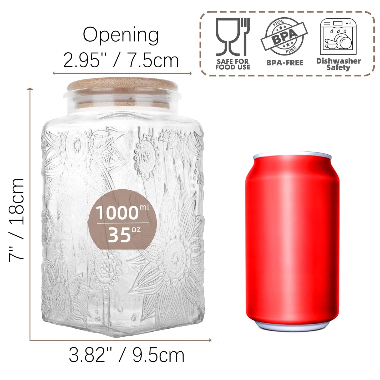 Custde Glass Storage Jars With Airtight Lid, 35oz Canister For Kitchen Counter with Bamboo Lid, brown sugar, candy, coffee, cookie, salt, tea,pantry cute Jar (Large Square Sunflower)