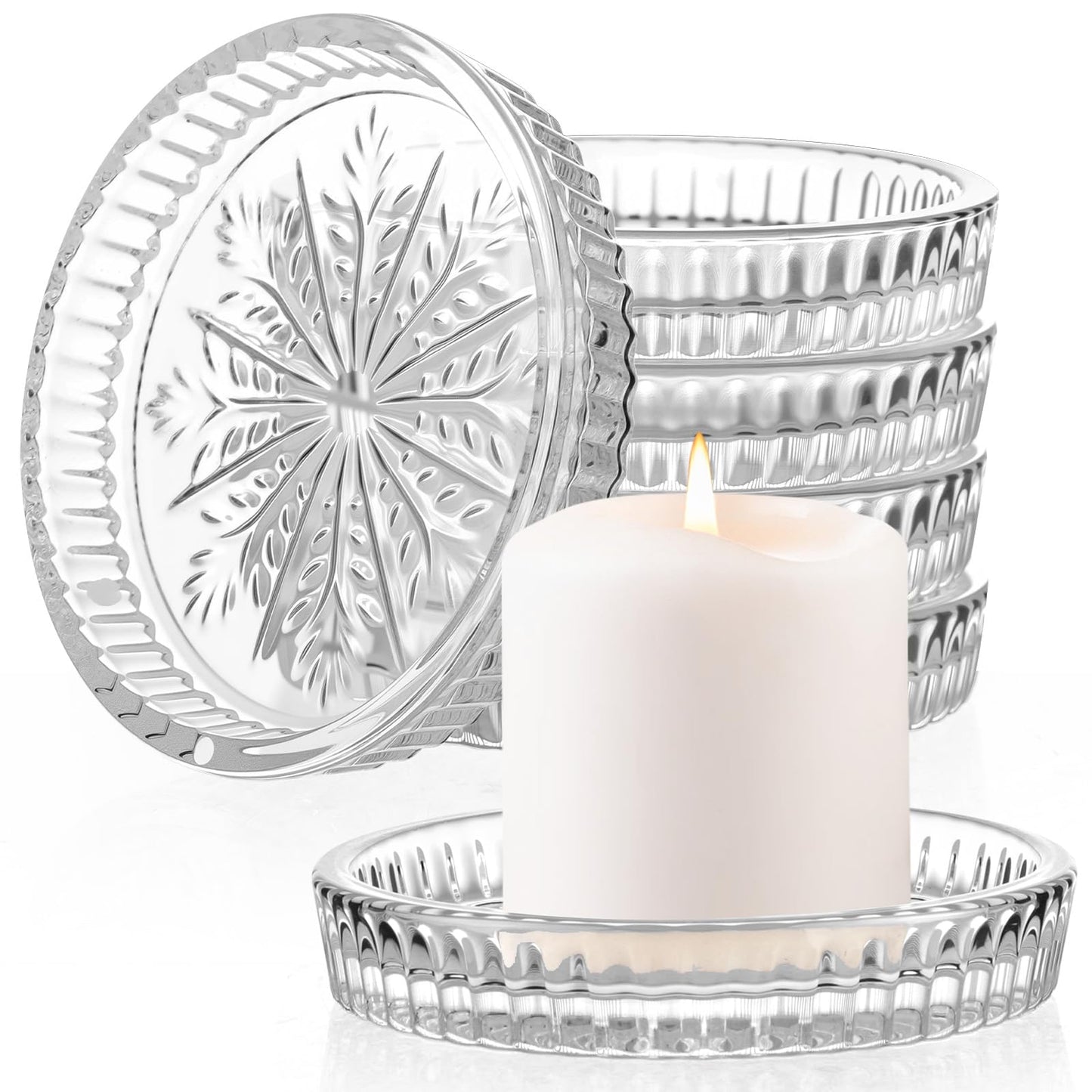 Ferrochef 6 Pcs Round Glass Candle Holder, 3.74 Inch Clear Winter Snowflake Candle Plate Crystal Votive Candles Coasters for Christmas Winter Weddings Party Holiday Birthday Home Table Decor