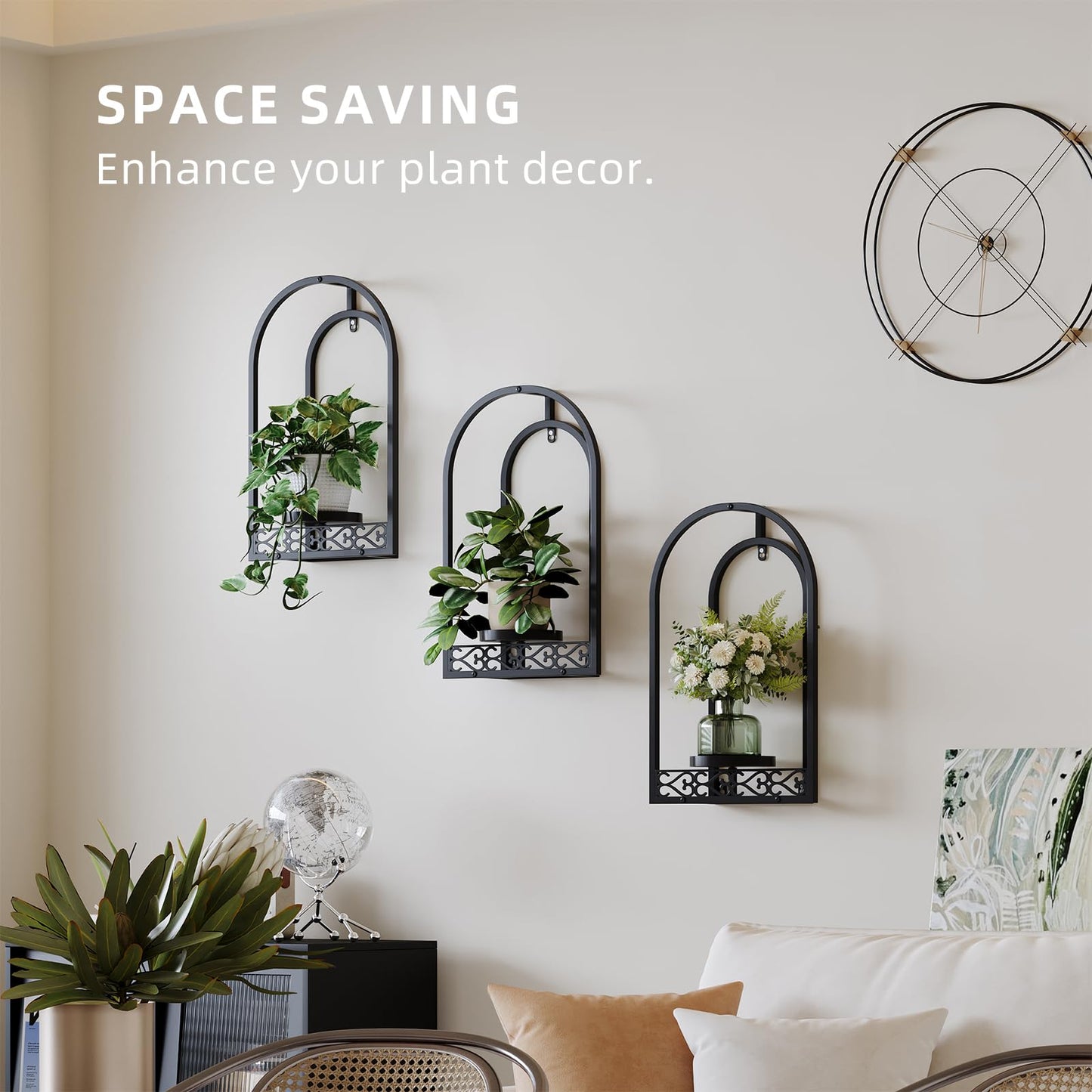 Rioneta Wall Planter Holder with Light, Metal Arch Frame Hanging Plant Stand with Grow Lights, Modern Black Iron Wall Decor for Indoor Outdoor Living Room, Balcony & Garden 2 Pack Black