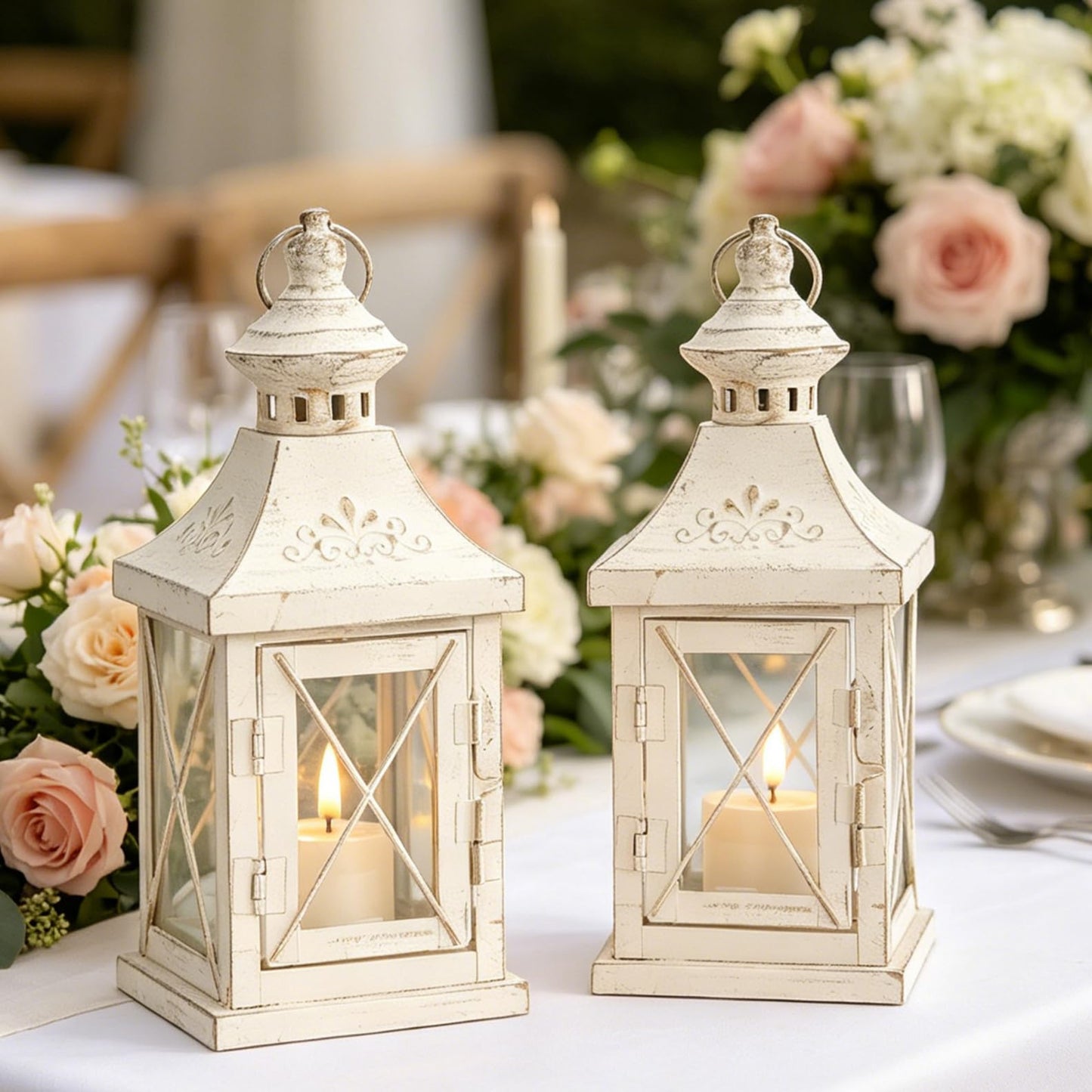 TRIROCKS Set of 2 Decorative Candle Lantern 11'' High Metal Candle Holder Hanging Lantern Perfect for Home Decor Halloween Living Room Parties Events Tabletop Indoors Outdoors (White with Gold Brush)