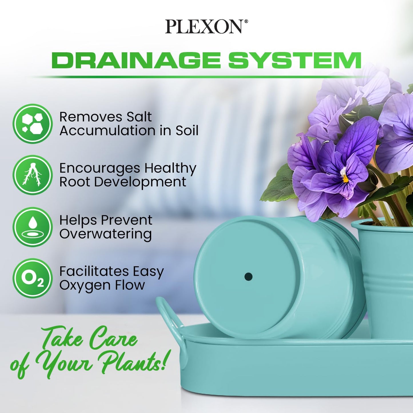 Plexon Herb Planter Indoor Garden Set of 3 with Tray, Metal Herb Pots for Indoor Plants, Round Kitchen Garden Kit Ideal for Windowsill Planter or Countertop, Aqua Mist Blue Powder Coated