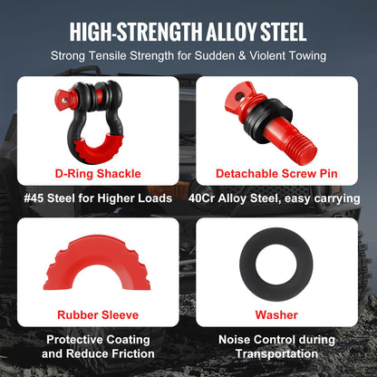 VEVOR 3/4" D Ring Shackle, Black Shackles for Truck with 7/8” Screw Pin 62832 lbs (28.5 Ton) Break Strength Red Isolator Washers Kit, Winch Towing Shackle for Truck Jeep Heavy Duty Off Road Recovery