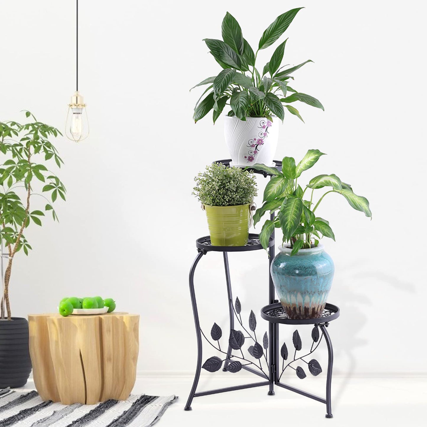 DAZONE 3-Tier Plant Stand for Indoor and Outdoor Use, Black Wrought Iron Metal Plant Shelf Holds 3 Pots, Space-Saving Decor for Corner, Balcony, Bedroom, Garden