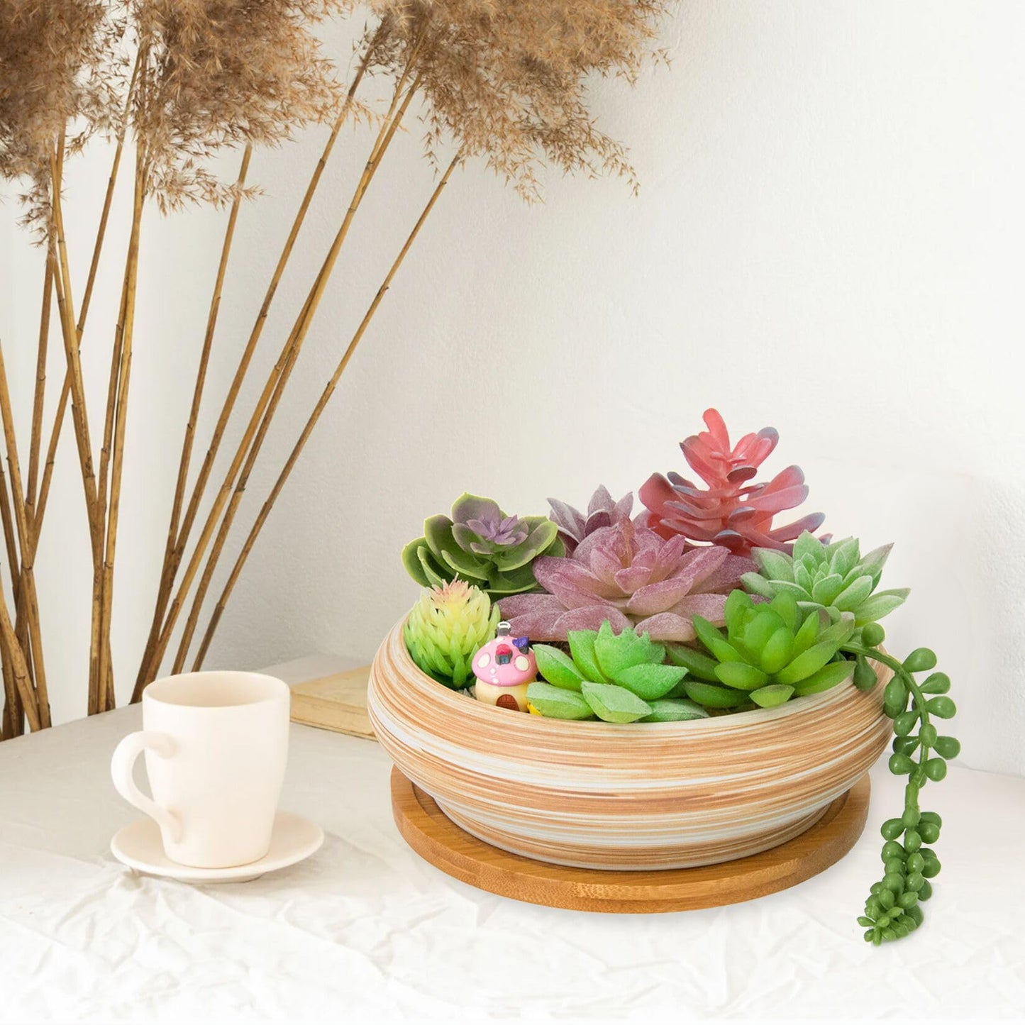 ARTKETTY Succulent Pots - Ceramic Bonsai Pots with Drainage Tray, 7.3 Inch Large Plant Pots Shallow Succulent Planters for Indoor Plants Decorative Cactus Flower Planter Bowl