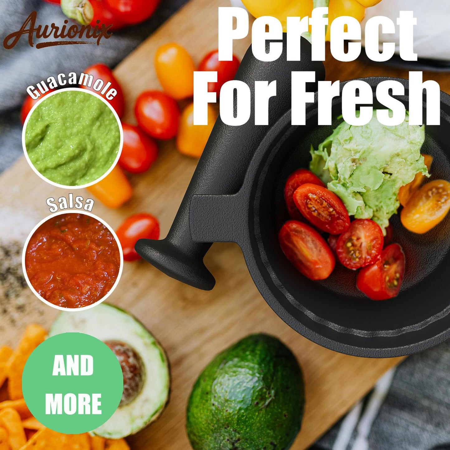 Aurionix Cast Iron Mortar and Pestle & Garlic Grater Plate Set, Guacamole Bowl and Masher with Bonus Brush/Spoon, Small Mortar and Pestle Set 3-in-1 Crushing Smasher for Kitchen Spices and Pesto