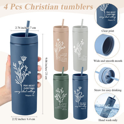 Fumete 4 Set Mothers Day Christian Gifts for Women 16oz Skinny Cup Religious Cosmetic Bag and Bible Verse Keychain Appreciation Church Gifts for Mom Grandma Teacher Dad(Classic Color,Floral)