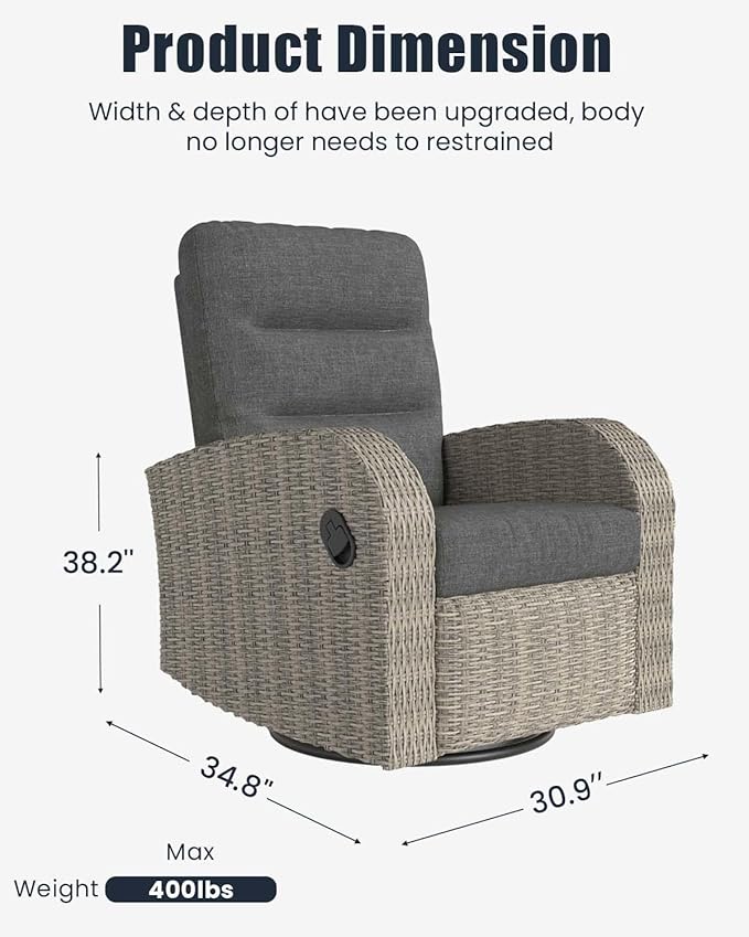 Outdoor Swivel Recliner Chair Set of 2, All-Weather Wicker Reclining Patio Chair with Adjustable Backrest and Footrest