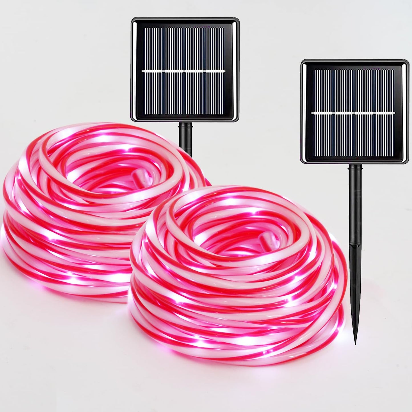 QITONG Solar Christmas Lights, 2 Pack Each 33ft 100 LED Red & White Candy Cane Rope Light Outdoor Waterproof, 8 Modes Fairy Lights in Clear Thin Tube