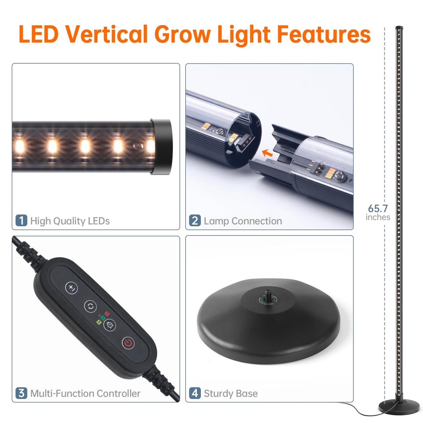 Bstrip Standing Grow Light for Indoor Plants, Vertical Grow Light with 3 Light Modes, Wide Illumination and Dimmable, T10 Full Spectrum Floor Grow Lights, 16in-65in Adjustable Height & Auto Timer