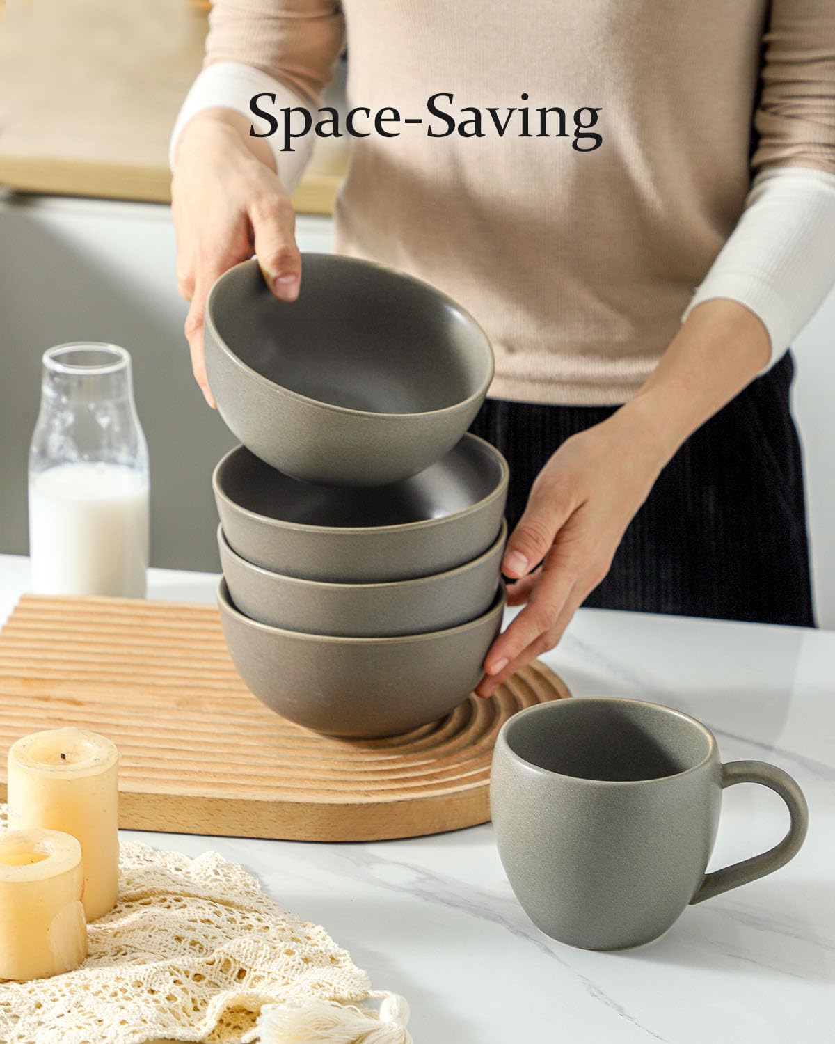 Tikooere Cereal Bowls Set of 4, 24 oz Ceramic Bowls for Kitchen, Stoneware Soup Bowls for Salad, Ramen, Snack, Dessert, Unique Housewarming Gift, Dishwasher Microwave Safe, Matte Gray