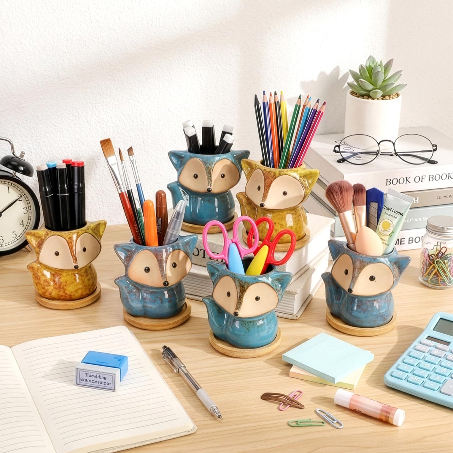 Dicunoy 6 Pack Mini Animal Succulent Planters with Bamboo Tray, 4" Ceramic Fox Flower Pots with Drainage Hole, Cute Cactus Planter for Indoor Plants, Home, Office, Window Decoration