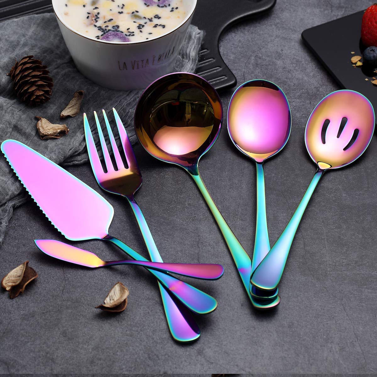 Rainbow Serving Spoons Set 6 Pieces, Serving Utensils Set Include Cake Server Slotted Spoon Serving Spoon Serving Fork Ladle Butter Knife Spreader Serving Set Dishwasher Safe