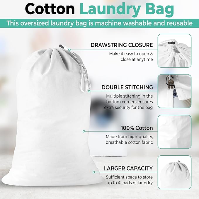 2 Pack - Extra Large Cotton Laundry Bag, Heavy Duty Large Laundry Bags 24 x 36