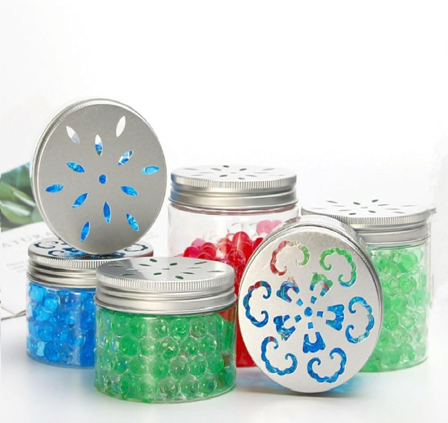 6 pcs 150ml 5 OZ 3 Styles Scented Beads Container Air Freshener Solid Perfume Aroma Diffuser Empty Storage Containers with Hollow Lids Round Jars Sample for Aromatherapy (6)