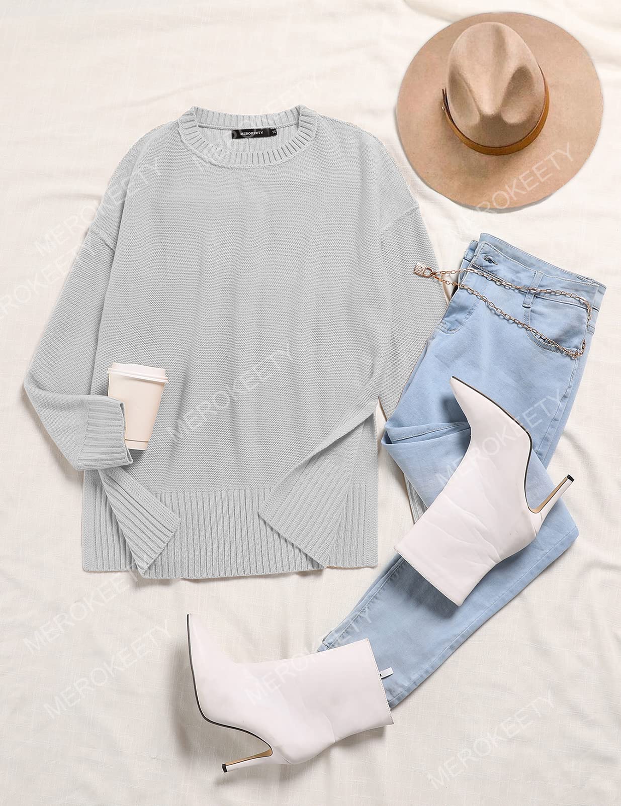 MEROKEETY Women's 2025 Fall Winter Oversized Pullover Sweater Casual Loose Crew Neck Long Sleeve Side Split Jumper Tops