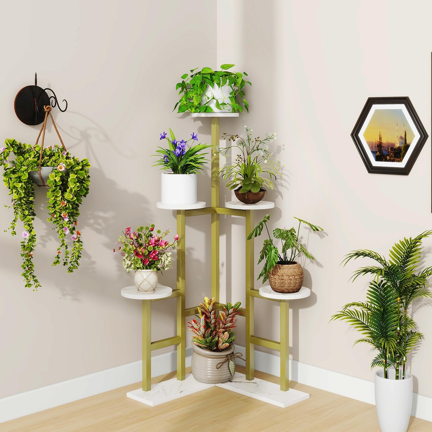 IBUYKE 6 Tier Plant Stand Indoor, Tall Flower Pot Stand for Multiple Plants, Tiered Corner Plant Shelf for Living Room Patio Balcony Garden, , Gold TMJ072G