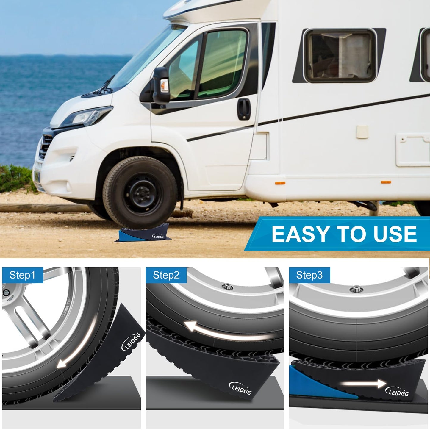 LEIDGG 2Packs RV Leveling Blocks System Kit Camper Leveling Blocks for RVS Trailer with Carrying Bag, Anti-Slip Mats, T Bubble Level Up to 35000 LBS Blue