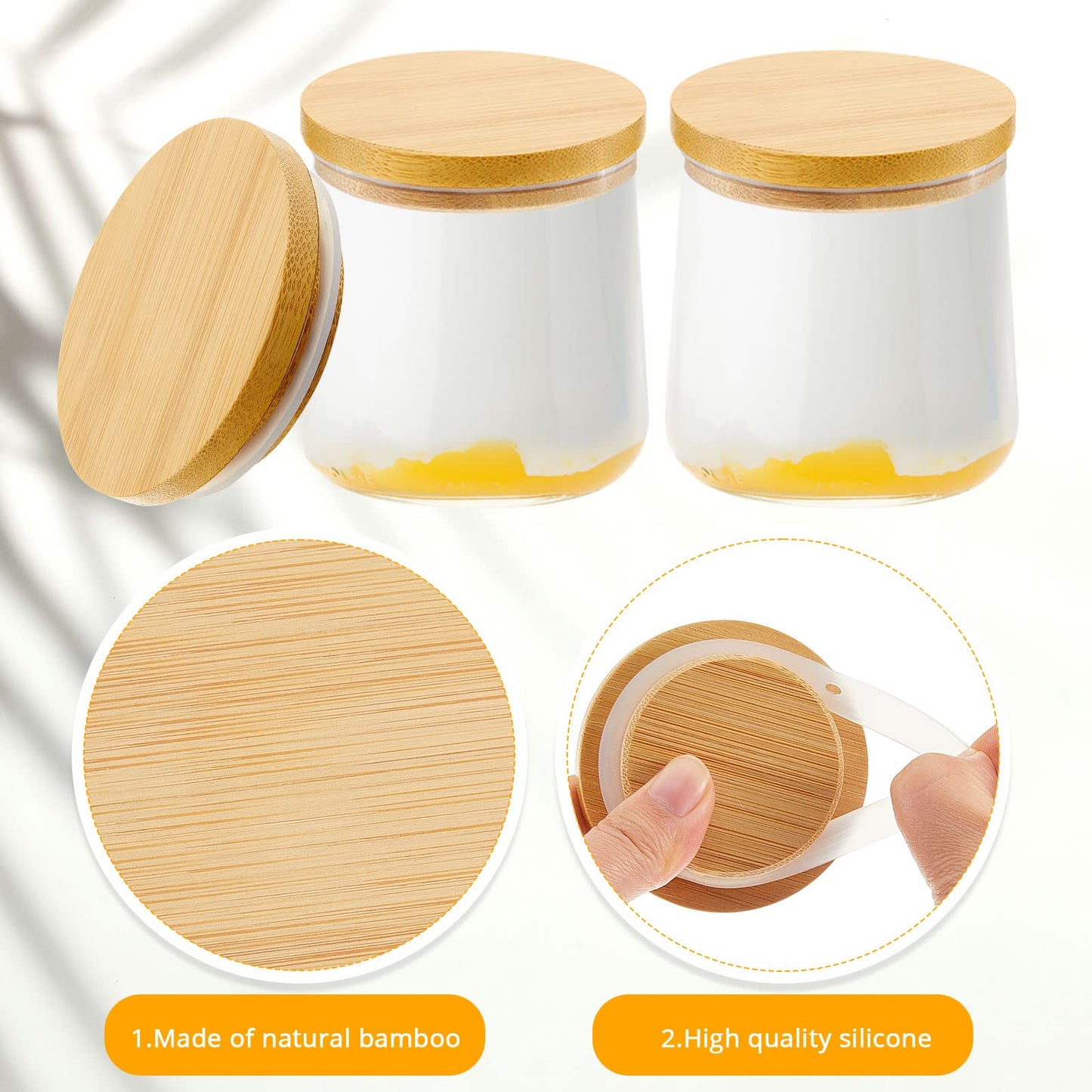 Sawysine 36 Pack Oui Yogurt Jar Lids Compatible with 5oz Oui Yogurt Jars Reusable Bamboo Wooden Round Canning Lids with Silicone Sealing Rings for Kitchen Food Nut Candy Storage (Jar Not Included)