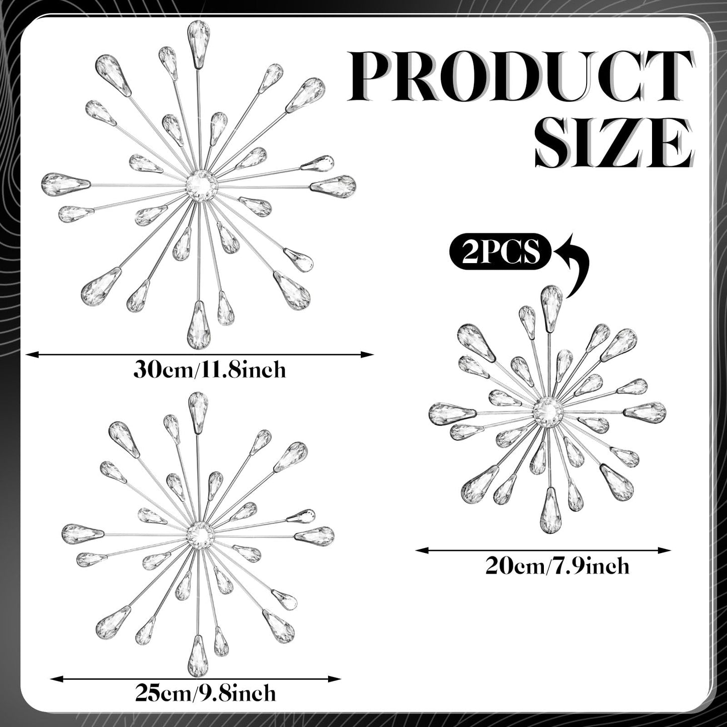 Hicarer 4 Pcs Starburst Wall Decor Bling Wall Art Crystal Teardrop 3D Hanging Rhinestone Radial Metal Artwork Modern Accent Sculptures Decorations for Living Room Home Office Bedroom(Silver)