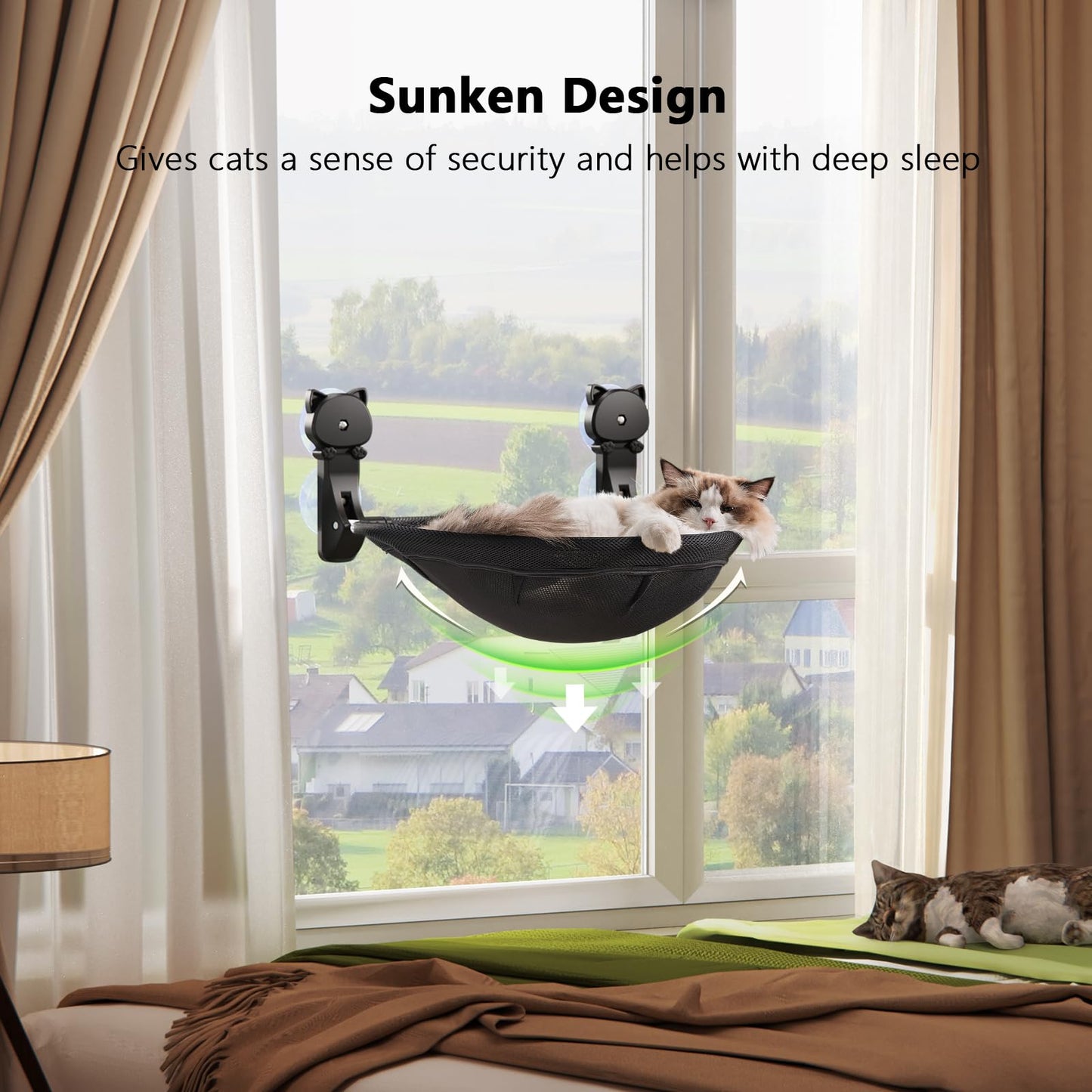 JUNSPOW Cat Window Perch Cordless, Foldable & Stable Kitten Beds- Breathable Cat Window Hammock for Overlooking, Sunbathing and Climbing - Maximum Hold Up to 40lb
