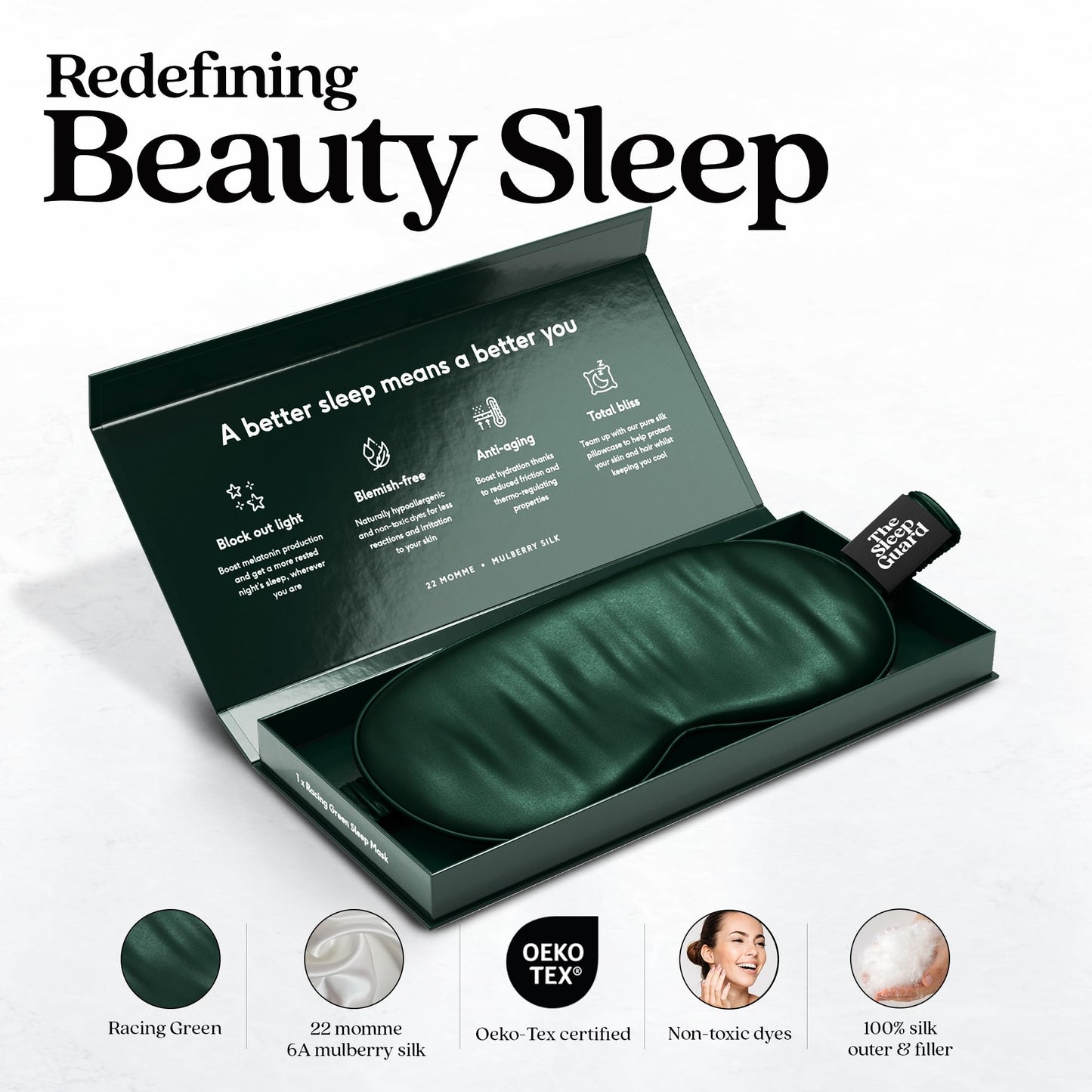 TheSleepGuard Pure Silk Sleep Mask [100% 6A Mulberry Silk, 22 Momme] Light Blocking Travel Essentials. Eye Masks for Sleeping. Black Oeko-Tex Blindfold. Eye Covers for Men & Women