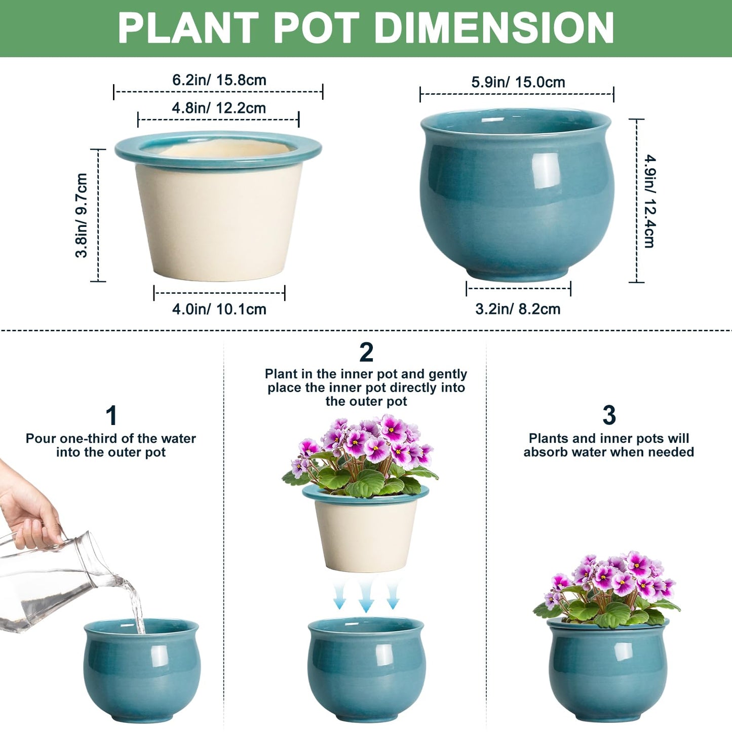 Teagas African Violet Pots 6 Inch, Ceramic Self Watering Pot with Absorbent Inner Planter, African Plant Pots for Indoor Plants, Round Flower Pot, Bedroom Decor, Gifts for Plant Lover, Glaze Blue