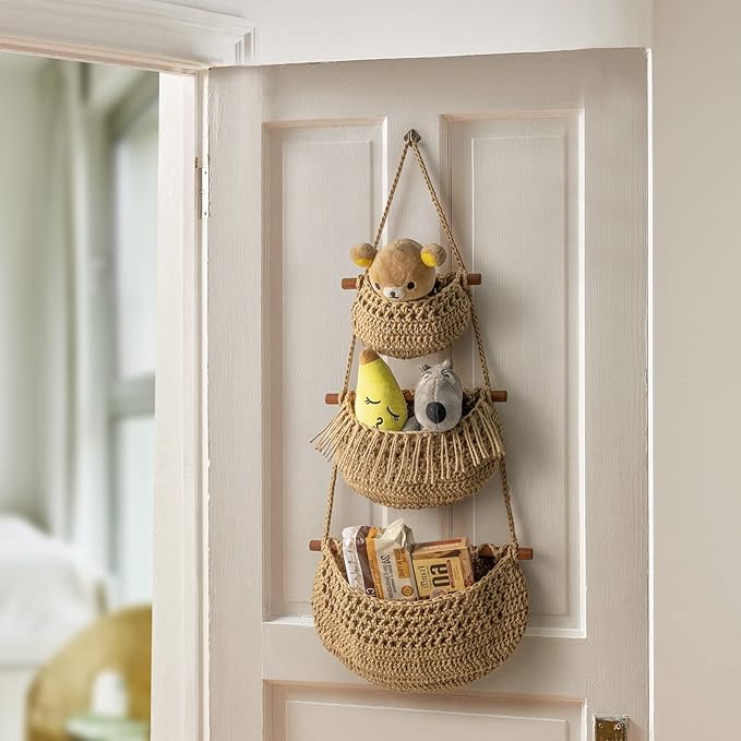 Hanging Fruit Basket, 3 Tier Over the Door Organizer, Handmade Woven Jute Wall