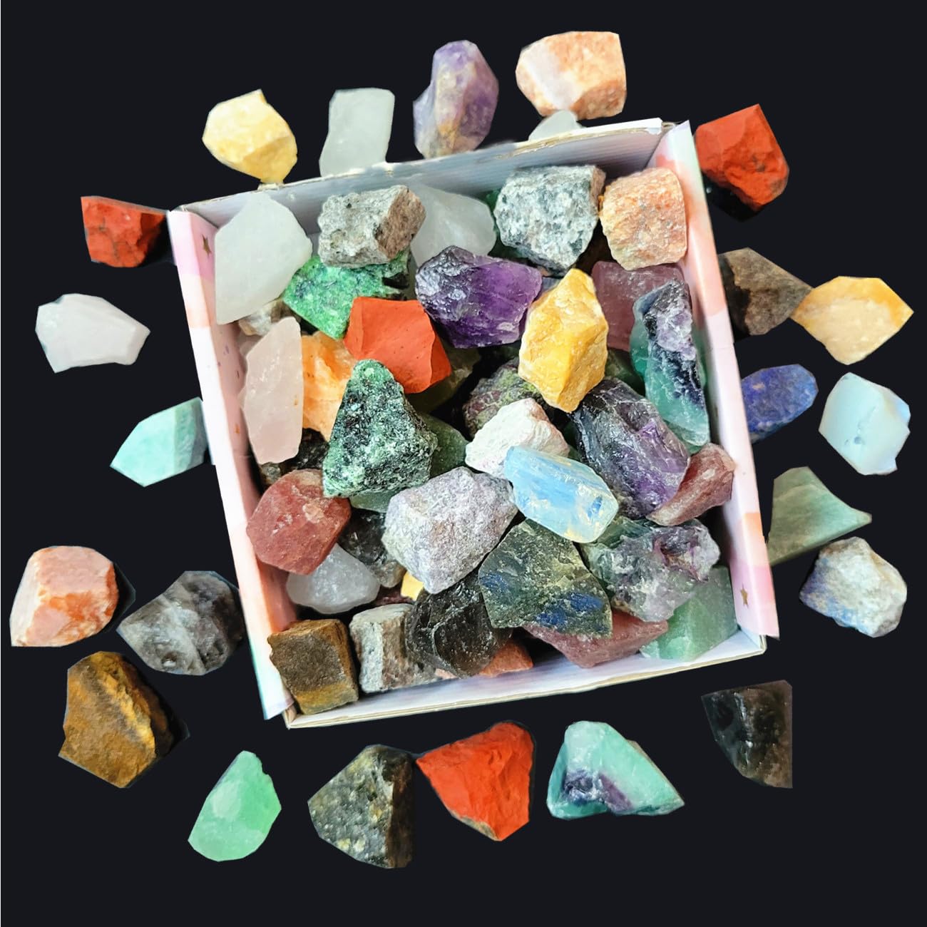 SeeuFun 80+Pcs(5lb) Natural Rocks for Tumbling,28Kinds+ Bulk Gemstone Raw Crystals Rough Stones for Polishing Wicca & Reiki Crystal Healing 1''-2''