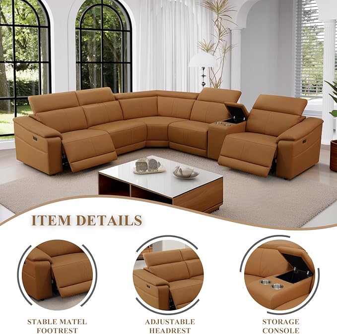 Power Recliner Sectional Sofa, L-Shaped Living Room Furniture Set, Light Brown