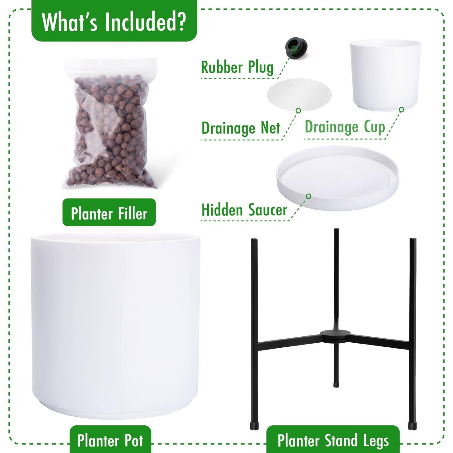 D'vine Dev Modern White Plants Pot Cylinder Planter with Heavy Duty Stand, X-Large 14 Inch Pot, 21 Inch with Stand Height, 96-T-A-4