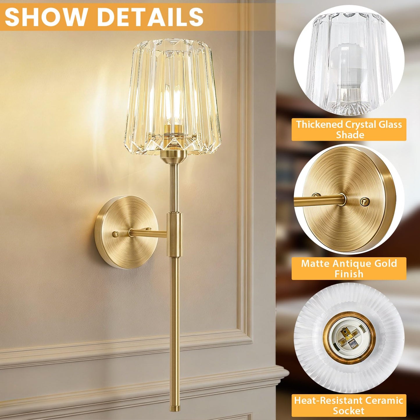 OYKYOHEI 2 Packs Crystal Battery Wall Sconces, Rechargeable Wireless Clear Lights, 12 Color Changing & 3CCT Dimmable, Gold Metal Finish Clear Glass Wall Lamps for Bathroom Dining Room Bedroom Accent