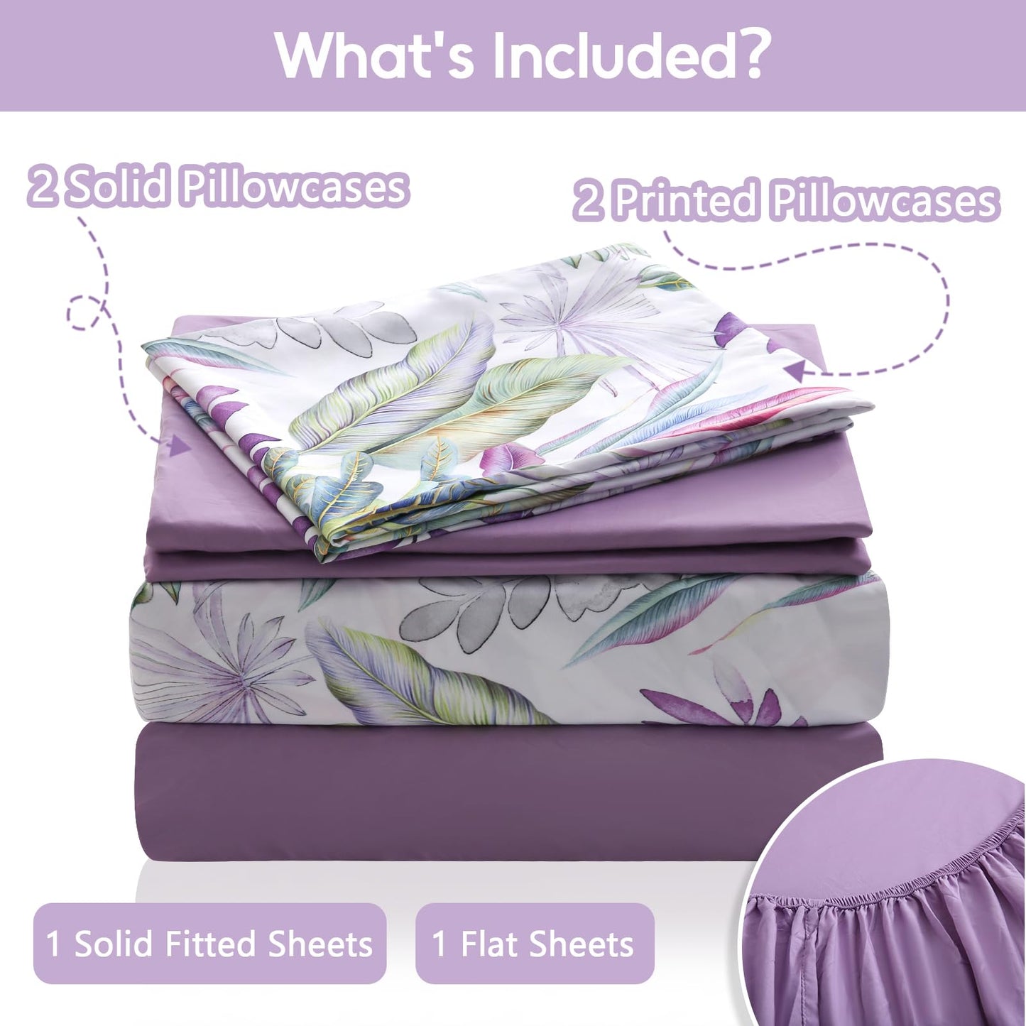 LONAVA Botaincal King Size 6 Pcs Sheet Set, Breathable Microfiber Deep Pocket Lavender Fitted Sheets, Comfy & Breathable Patterned Flat Sheets,4 Gentle Soft Pillowcases, Tropical